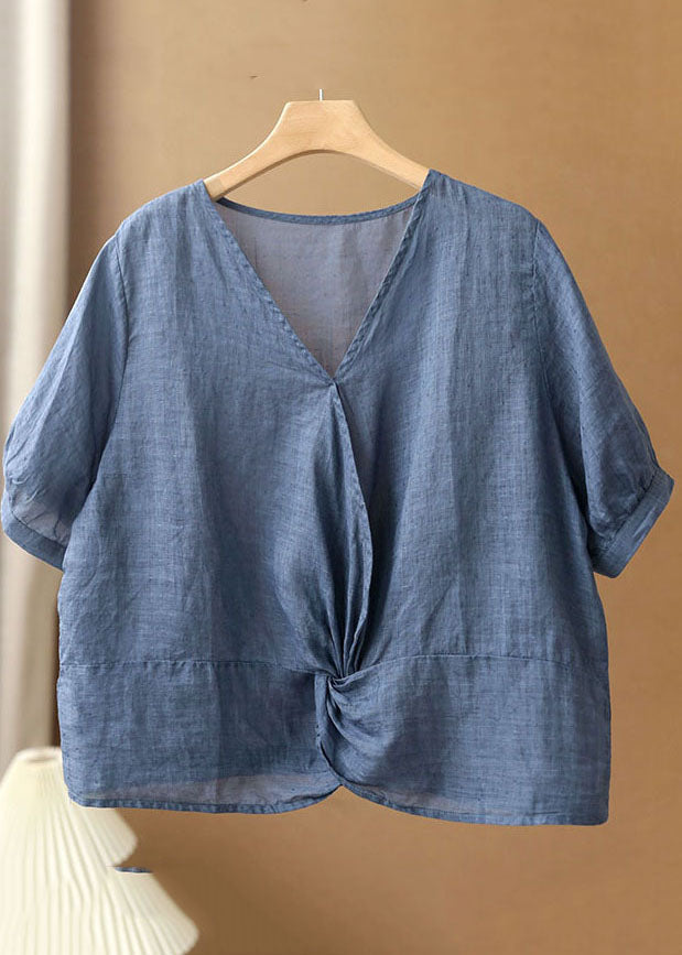 Denim Blue V Neck Asymmetrical Design Linen Blouses Short Sleeve