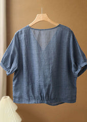 Denim Blue V Neck Asymmetrical Design Linen Blouses Short Sleeve