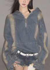 Denim Blue Zippered Patchwork Hoodie Coat Fall