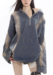 Denim Blue Zippered Patchwork Hoodie Coat Fall