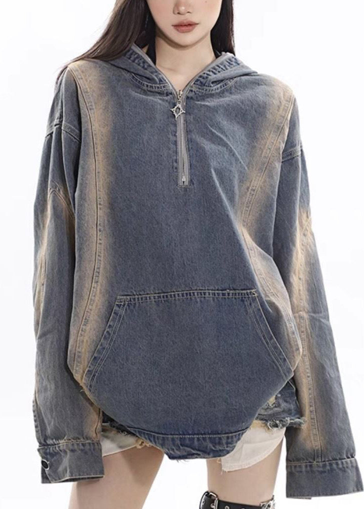 Denim Blue Zippered Patchwork Hoodie Coat Fall