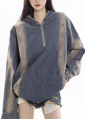 Denim Blue Zippered Patchwork Hoodie Coat Fall