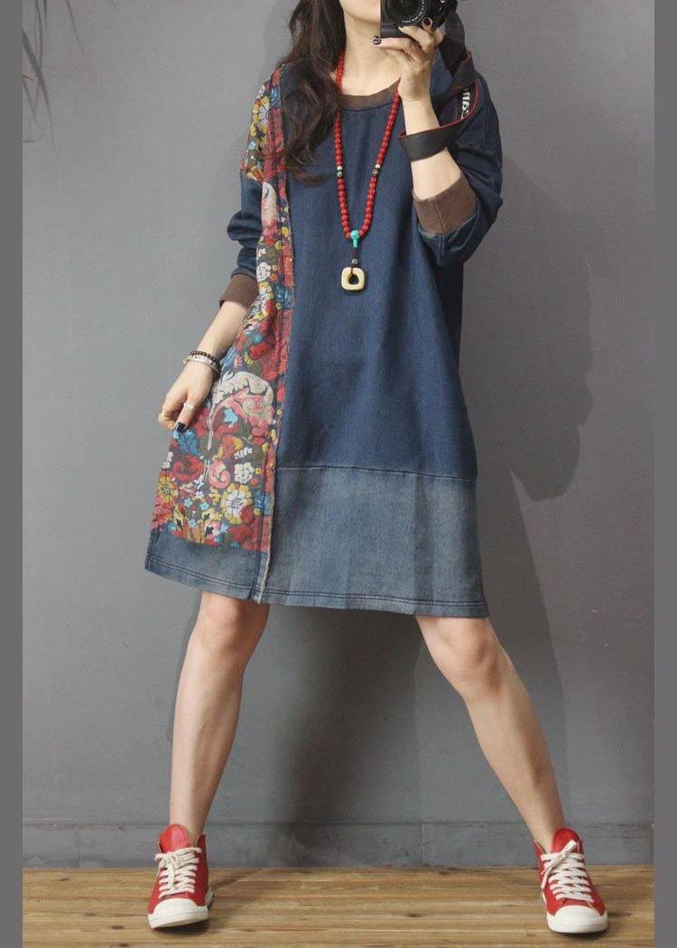 Denim Patchwork Cotton Dress Print Long Dress