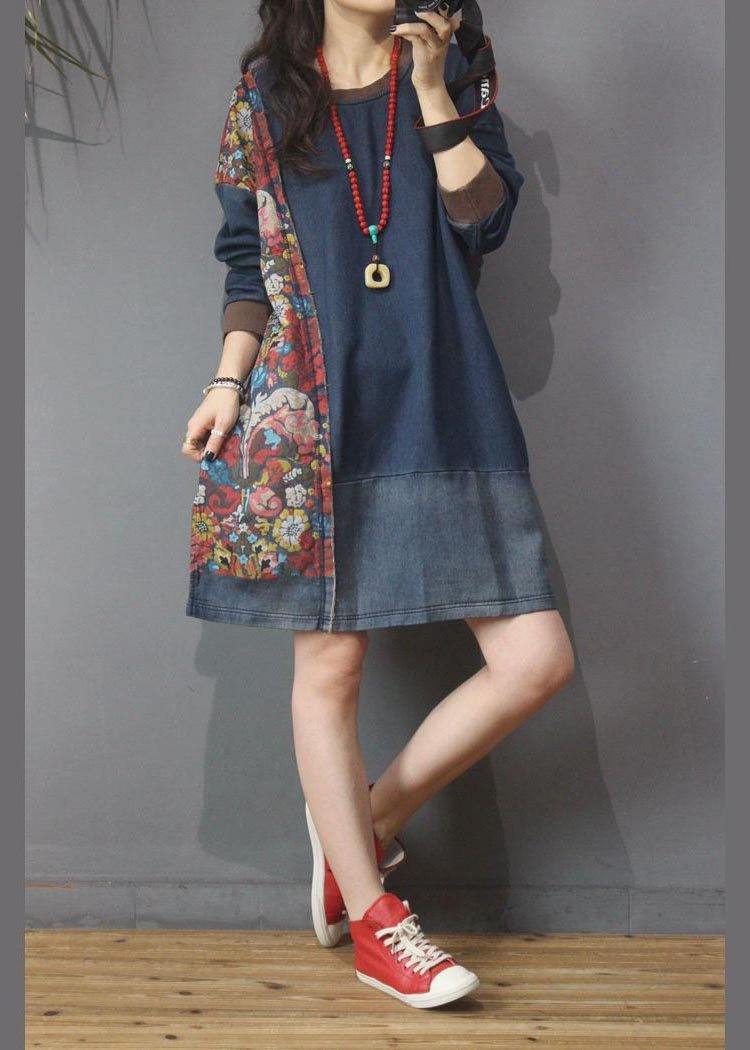 Denim Patchwork Cotton Dress Print Long Dress