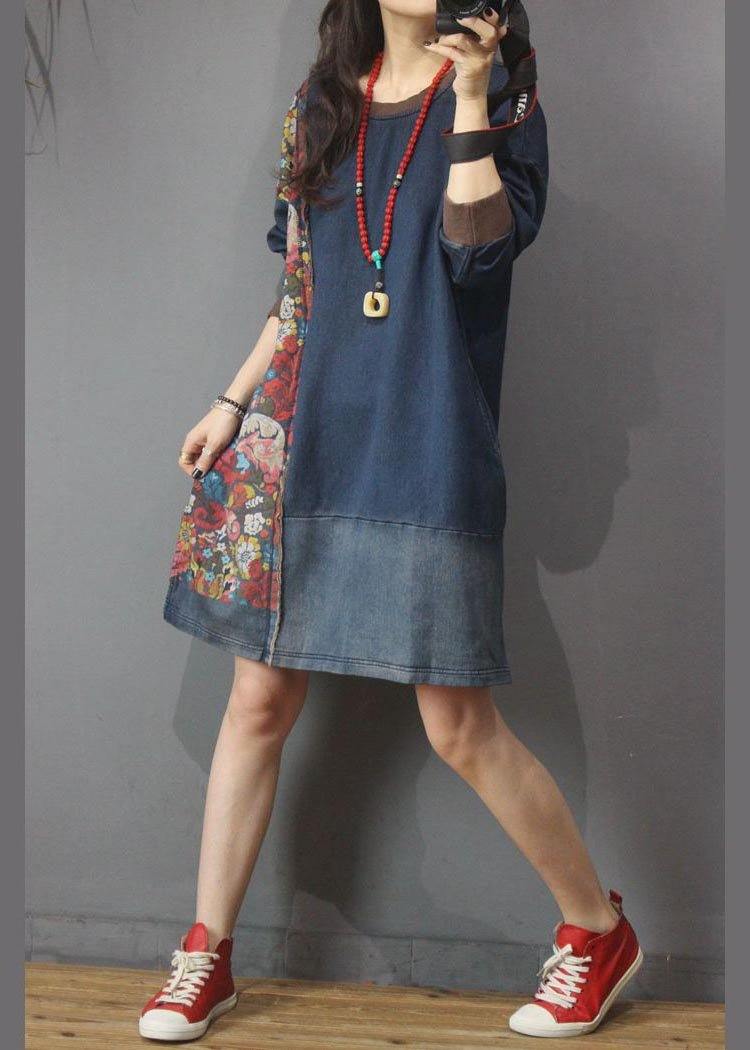 Denim Patchwork Cotton Dress Print Long Dress