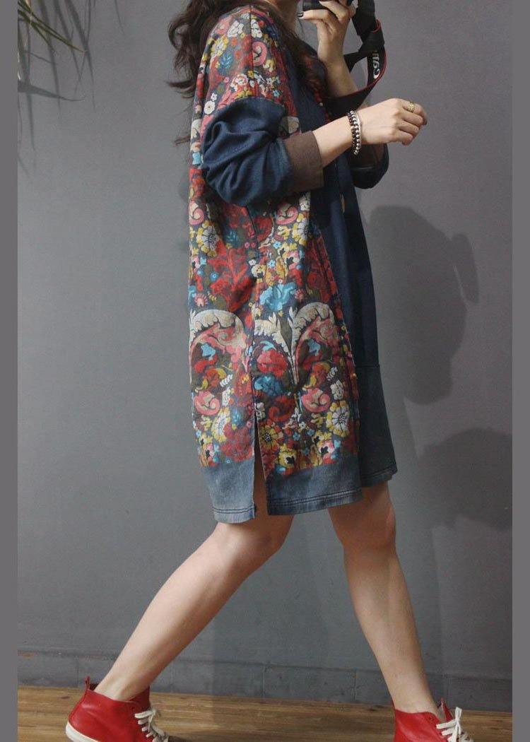 Denim Patchwork Cotton Dress Print Long Dress