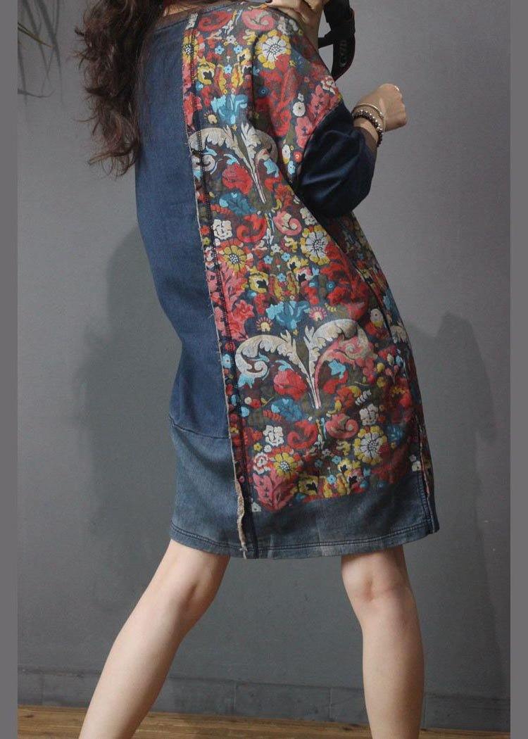 Denim Patchwork Cotton Dress Print Long Dress