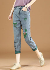 Green Graphic Print Patchwork High Waist Denim Crop Pants