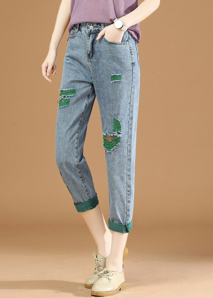 Green Graphic Print Patchwork High Waist Denim Crop Pants