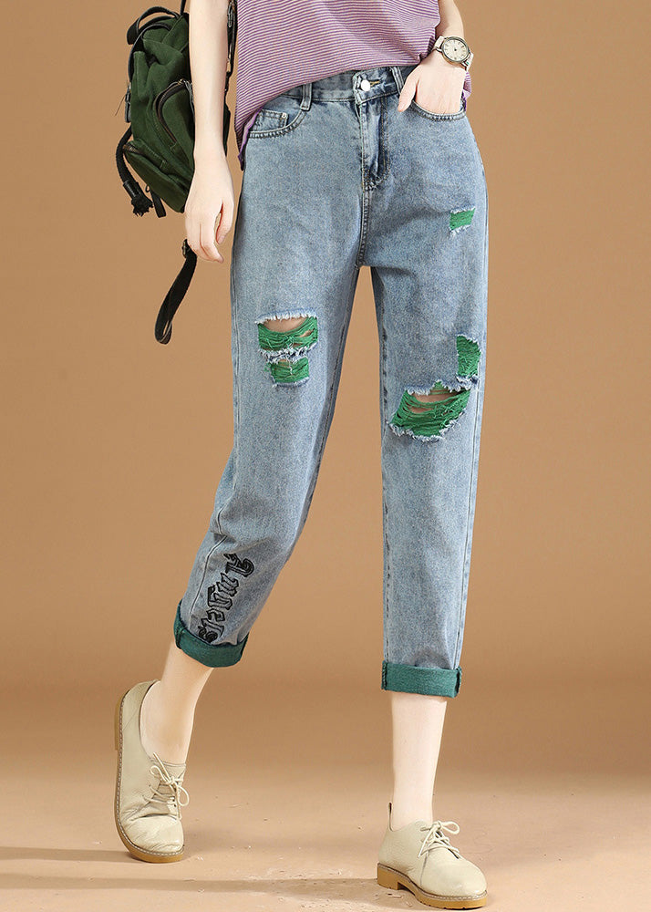 Green Graphic Print Patchwork High Waist Denim Crop Pants