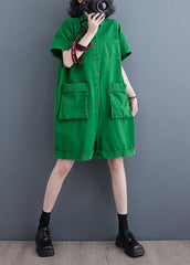 Green Peter Pan Collar Button Solid Denim Jumpsuit