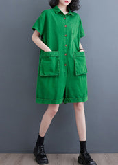 Green Peter Pan Collar Button Solid Denim Jumpsuit