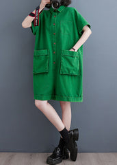 Green Peter Pan Collar Button Solid Denim Jumpsuit