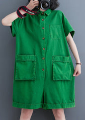 Green Peter Pan Collar Button Solid Denim Jumpsuit