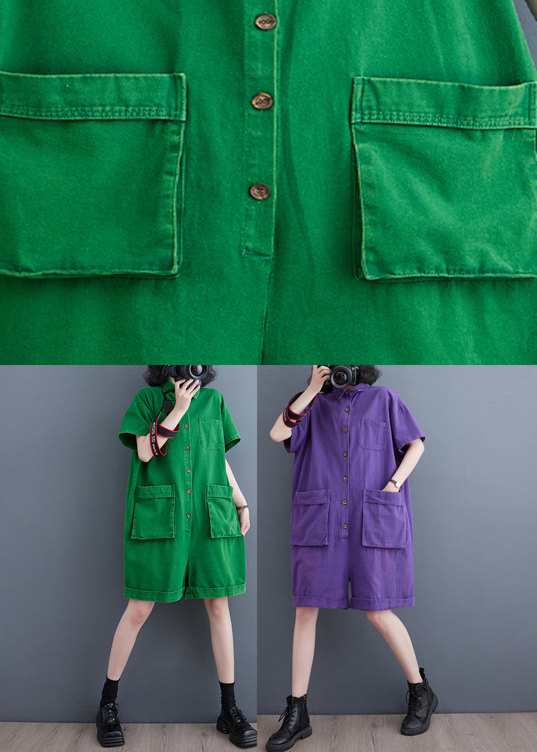 Green Peter Pan Collar Button Solid Denim Jumpsuit