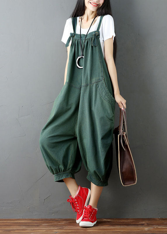 Green Wrinkled Patchwork Denim Jumpsuit Pants