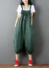 Green Wrinkled Patchwork Denim Jumpsuit Pants