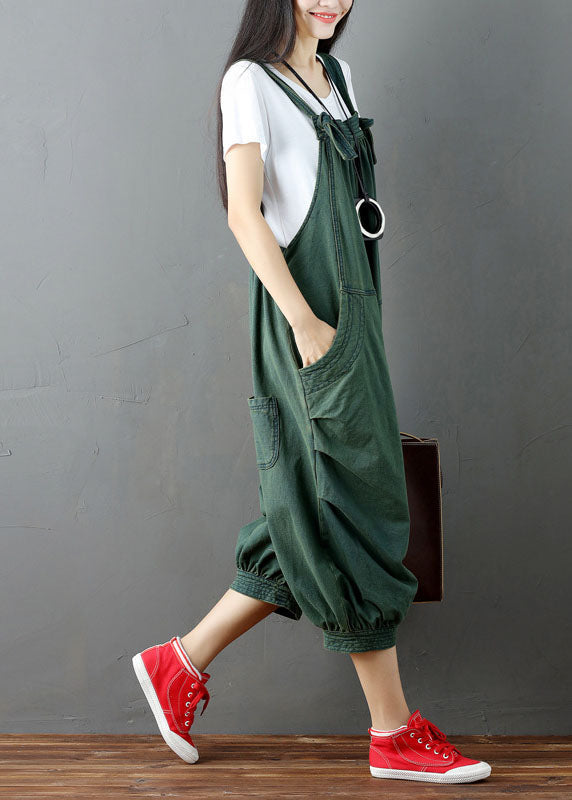 Green Wrinkled Patchwork Denim Jumpsuit Pants