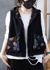 Green Zippered Print Hooded Denim Waistcoat Sleeveless