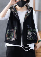 Green Zippered Print Hooded Denim Waistcoat Sleeveless