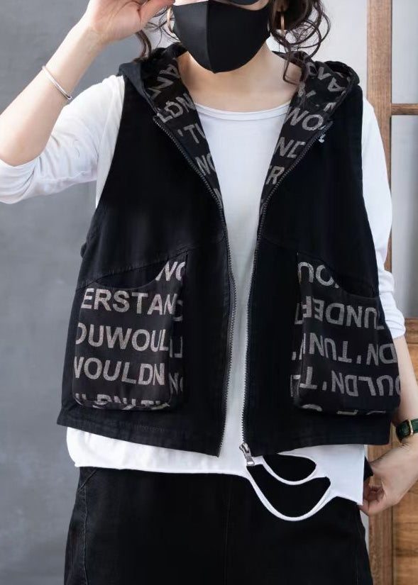 Green Zippered Print Hooded Denim Waistcoat Sleeveless