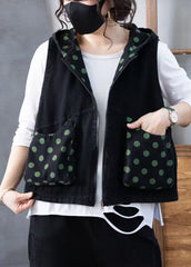 Green Zippered Print Hooded Denim Waistcoat Sleeveless