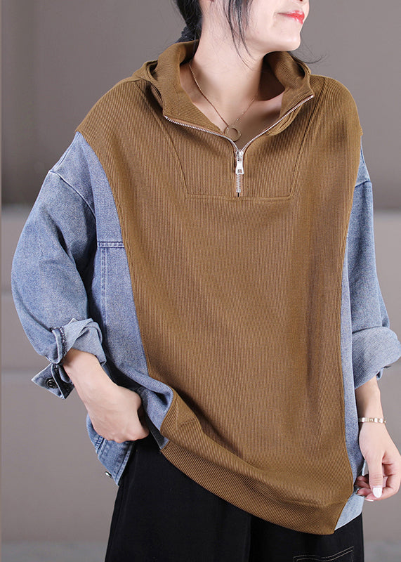 Khaki Zippered Patchwork Denim Hooded Top Long Sleeve