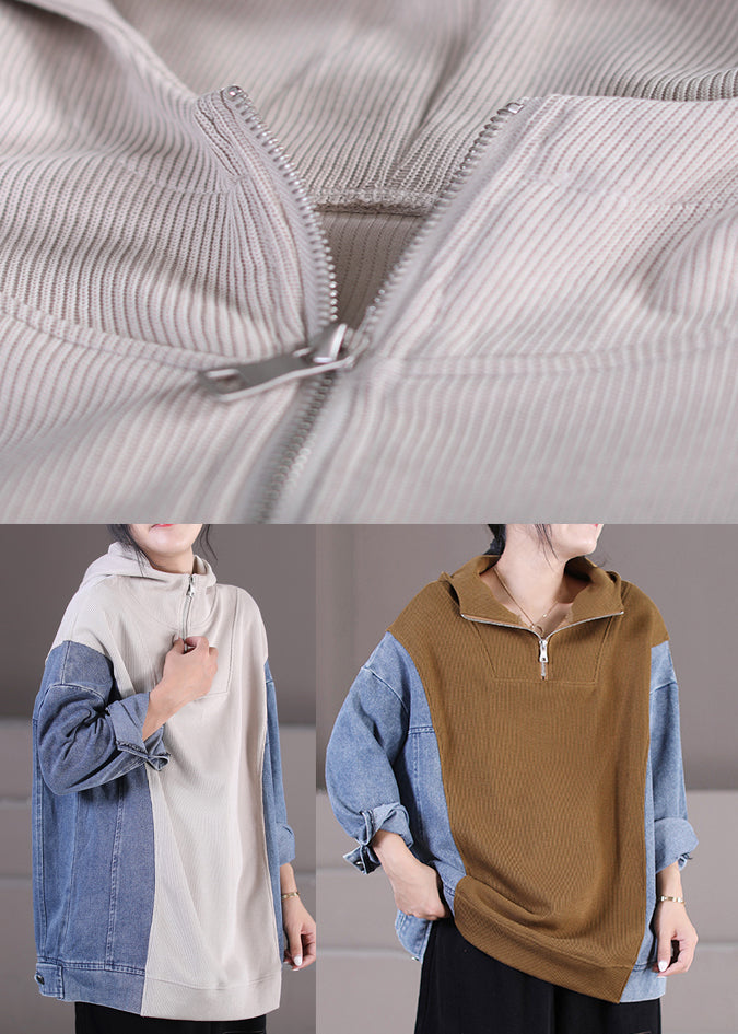 Khaki Zippered Patchwork Denim Hooded Top Long Sleeve