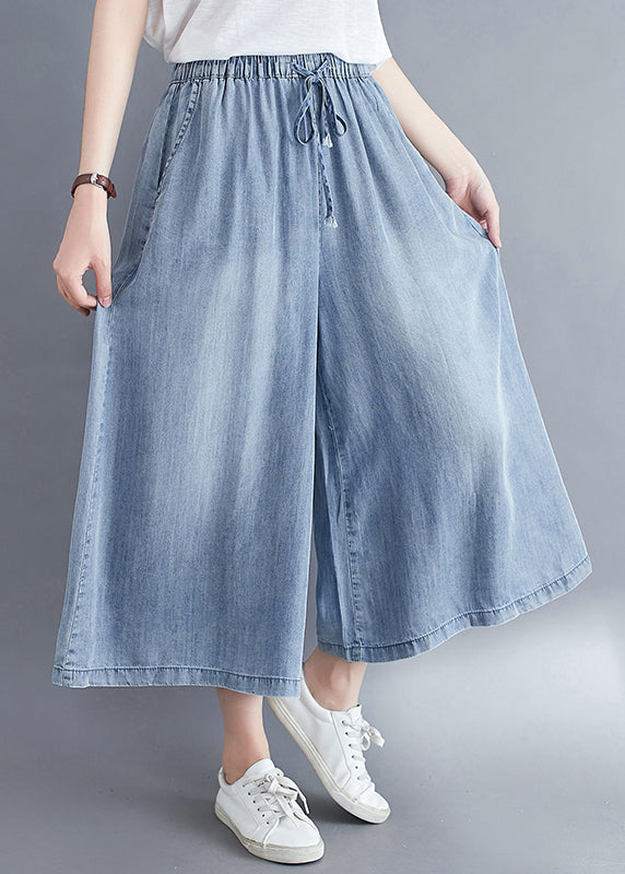 Light Blue Elastic Waist Draping Denim Wide Leg Pants