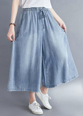 Light Blue Elastic Waist Draping Denim Wide Leg Pants