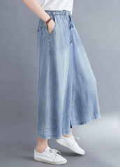 Light Blue Elastic Waist Draping Denim Wide Leg Pants