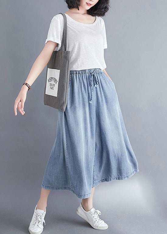 Light Blue Elastic Waist Draping Denim Wide Leg Pants