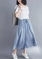 Light Blue Elastic Waist Draping Denim Wide Leg Pants