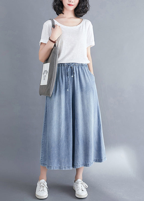 Light Blue Elastic Waist Draping Denim Wide Leg Pants