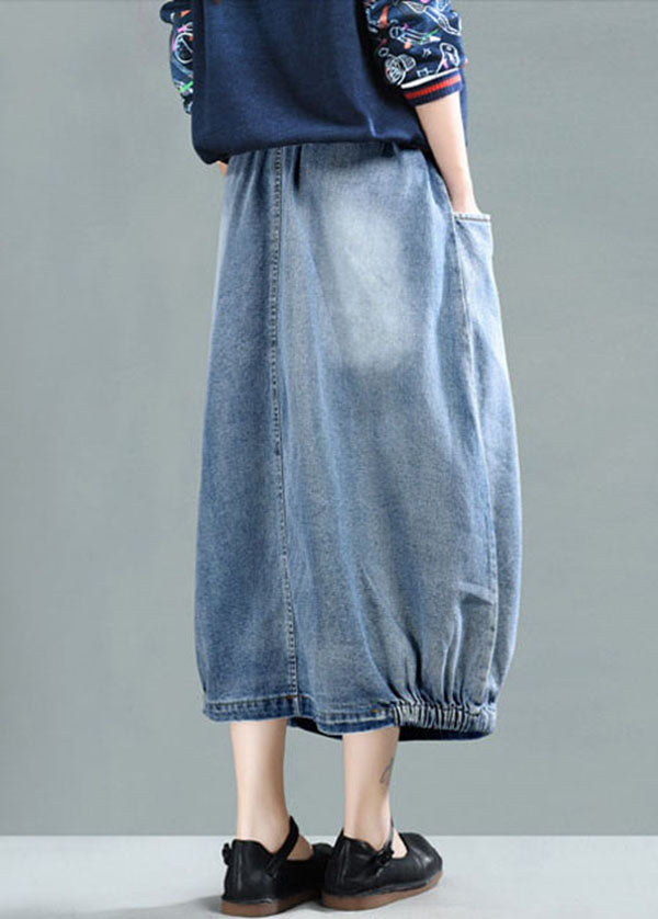 Light Blue Elastic Waist Patchwork Cotton Denim Skirt