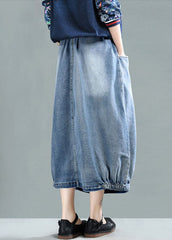 Light Blue Elastic Waist Patchwork Cotton Denim Skirt