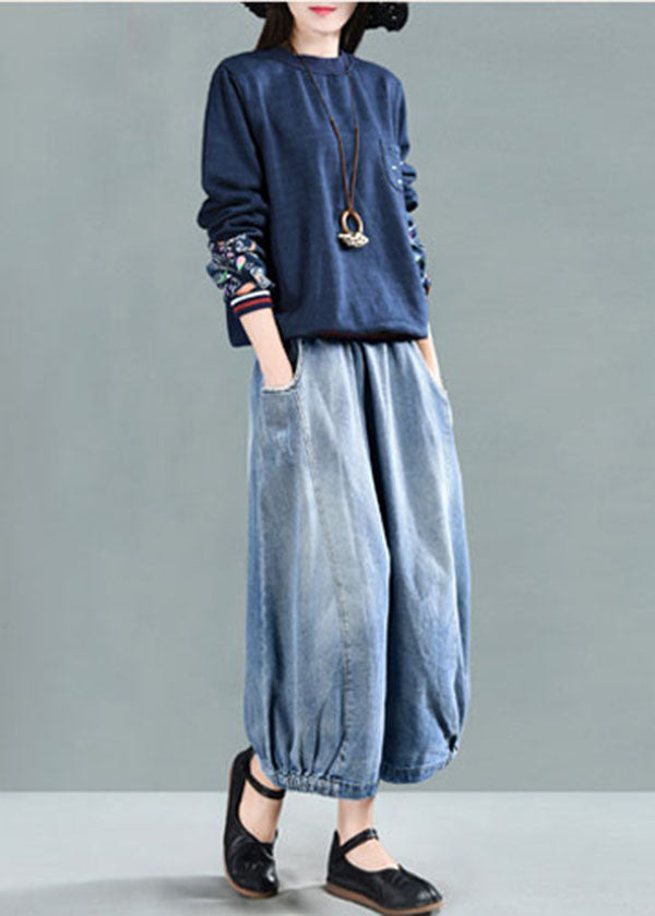 Light Blue Elastic Waist Patchwork Cotton Denim Skirt