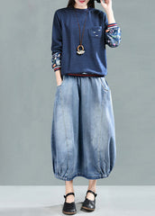 Light Blue Elastic Waist Patchwork Cotton Denim Skirt