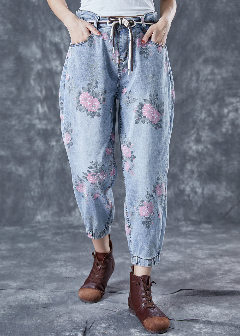 Light Blue Elastic Waist Print Denim Harem Pants