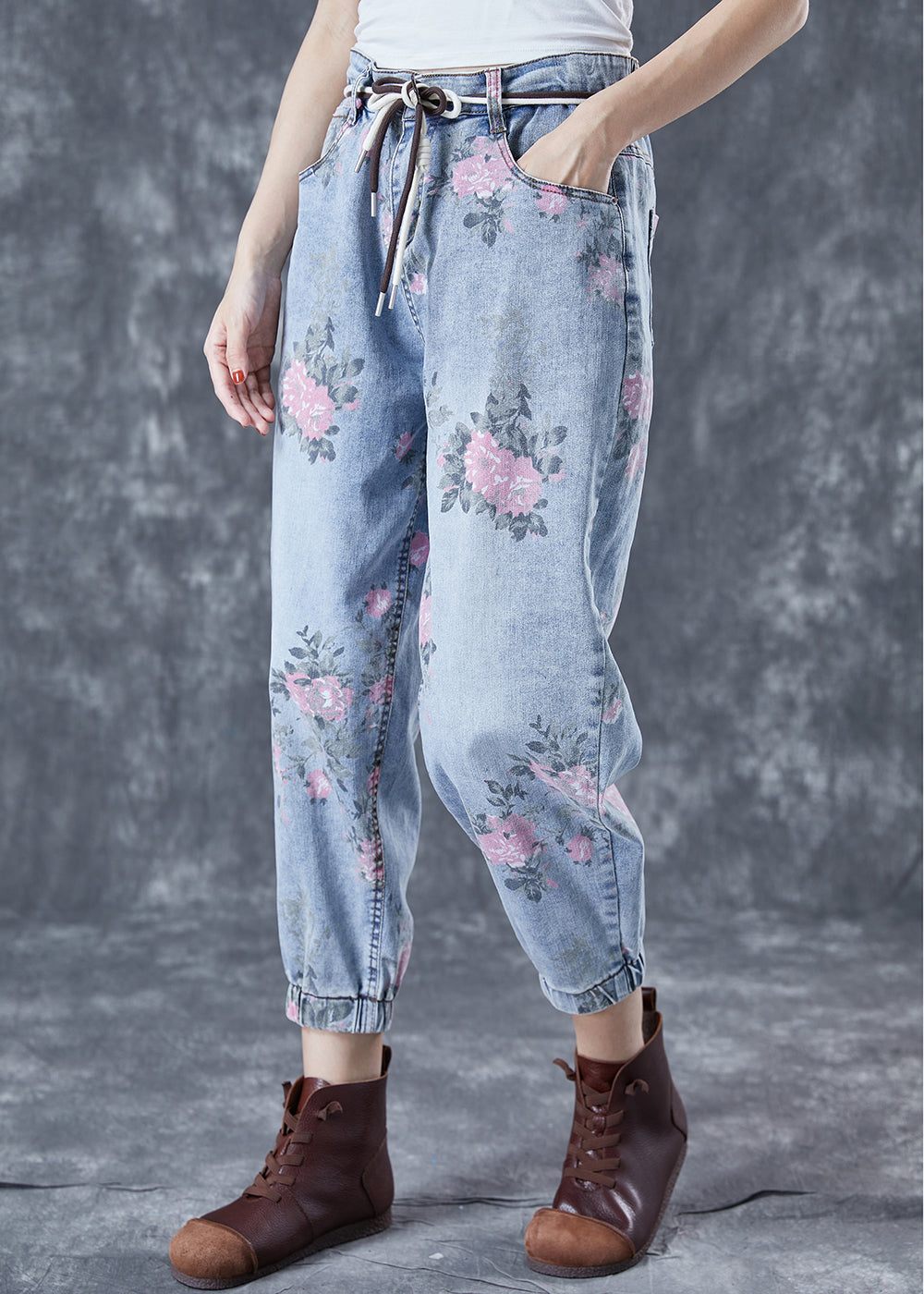 Light Blue Elastic Waist Print Denim Harem Pants