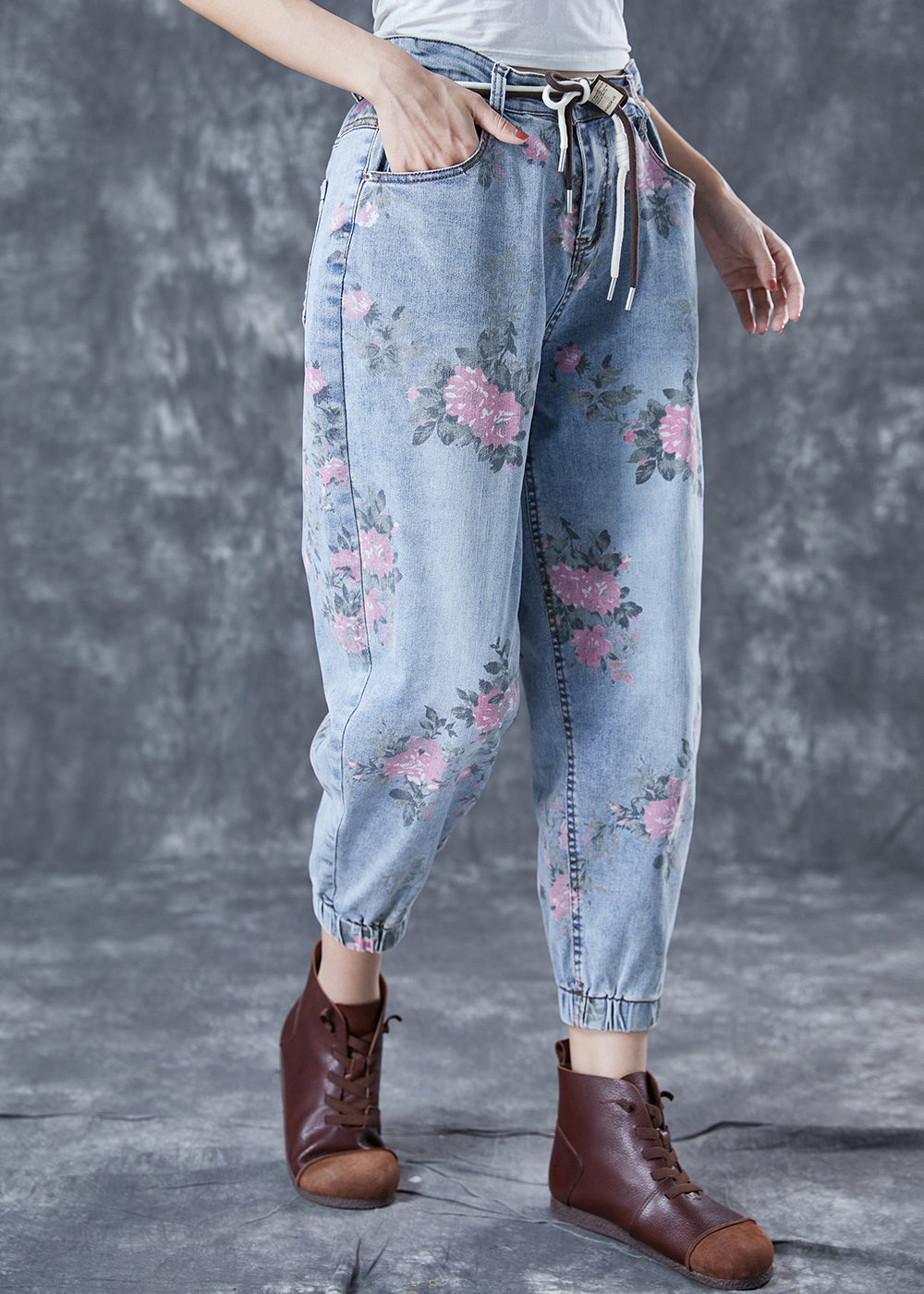 Light Blue Elastic Waist Print Denim Harem Pants