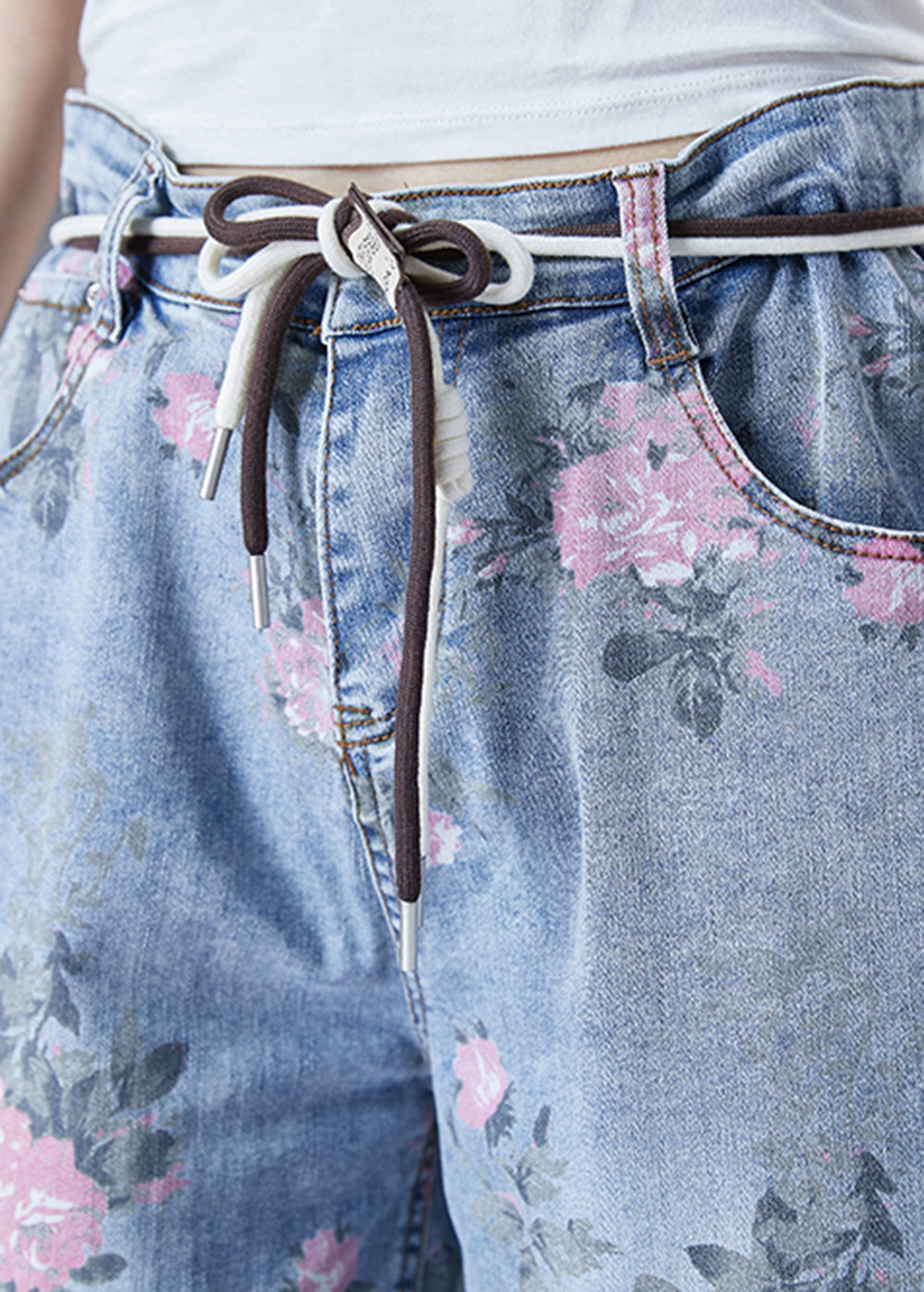 Light Blue Elastic Waist Print Denim Harem Pants