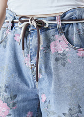 Light Blue Elastic Waist Print Denim Harem Pants