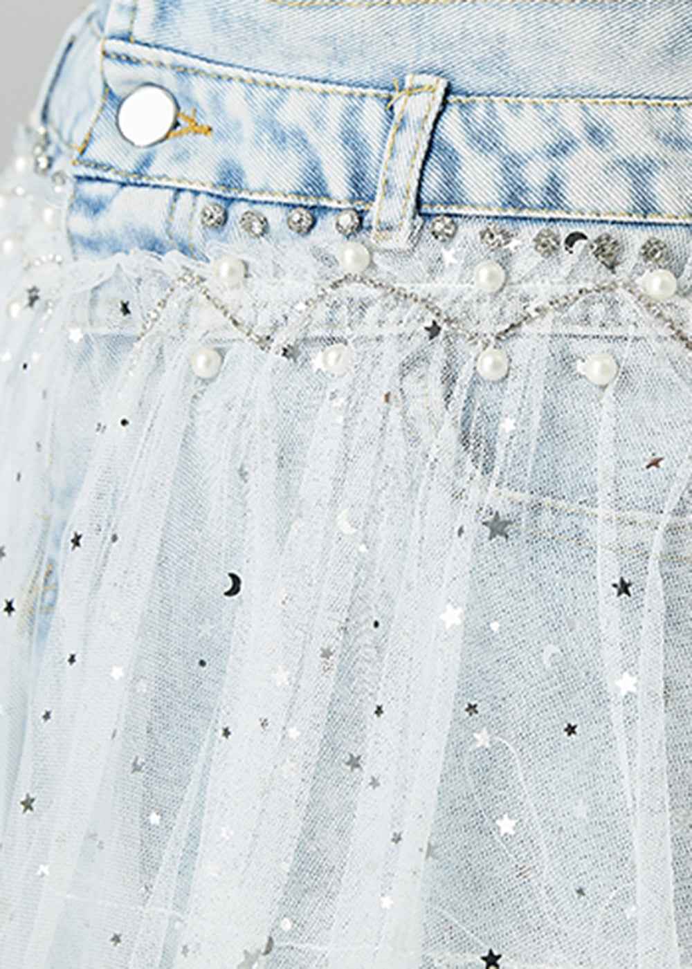 Light Blue Elastic Waist Tulle Patchwork Denim Skirts