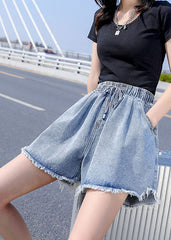 Light Blue Elastic Waist drawstring Asymmetrical Pockets Cotton Denim Short Pants