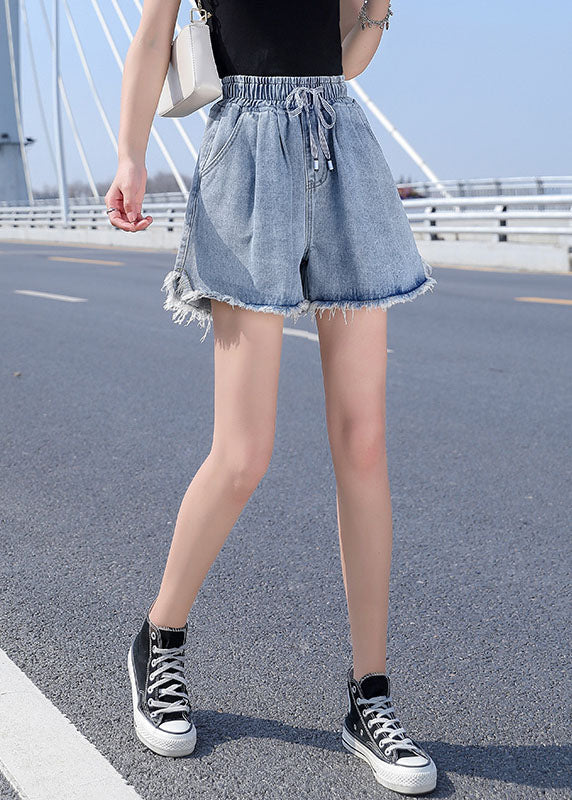 Light Blue Elastic Waist drawstring Asymmetrical Pockets Cotton Denim Short Pants