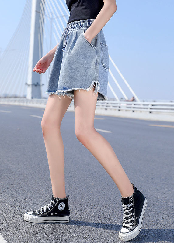 Light Blue Elastic Waist drawstring Asymmetrical Pockets Cotton Denim Short Pants