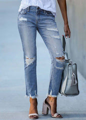 Light Blue High Waist Denim Ripped Pants Trousers