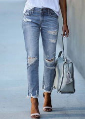 Light Blue High Waist Denim Ripped Pants Trousers