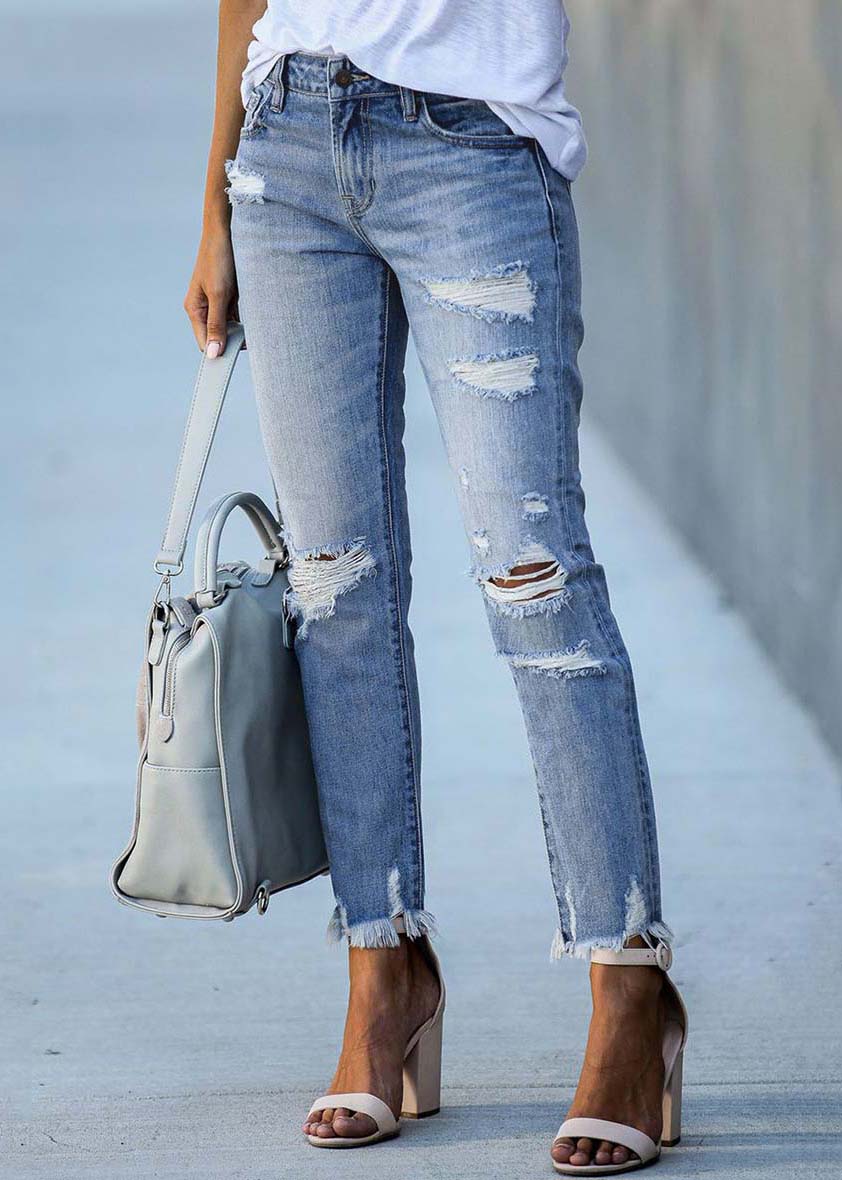 Light Blue High Waist Denim Ripped Pants Trousers